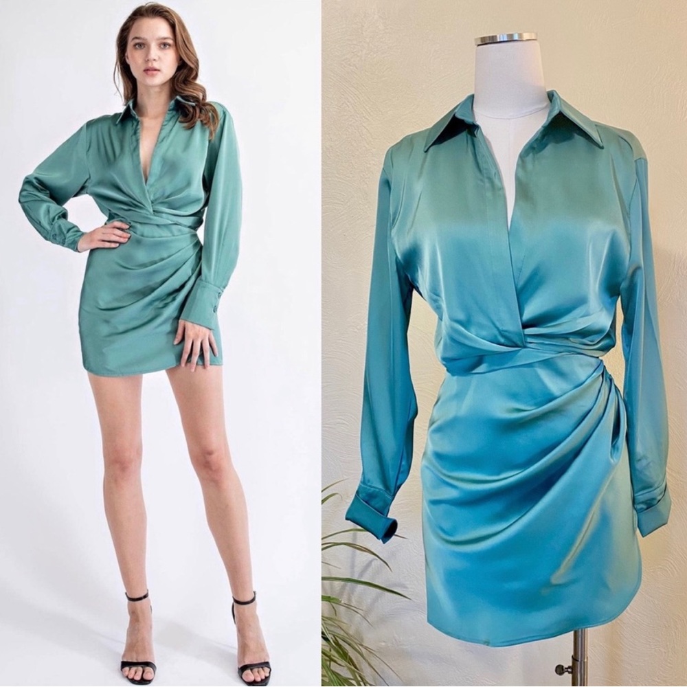 NWT Emerald Green Satin Low Cut
Mini Shirtdress, Small